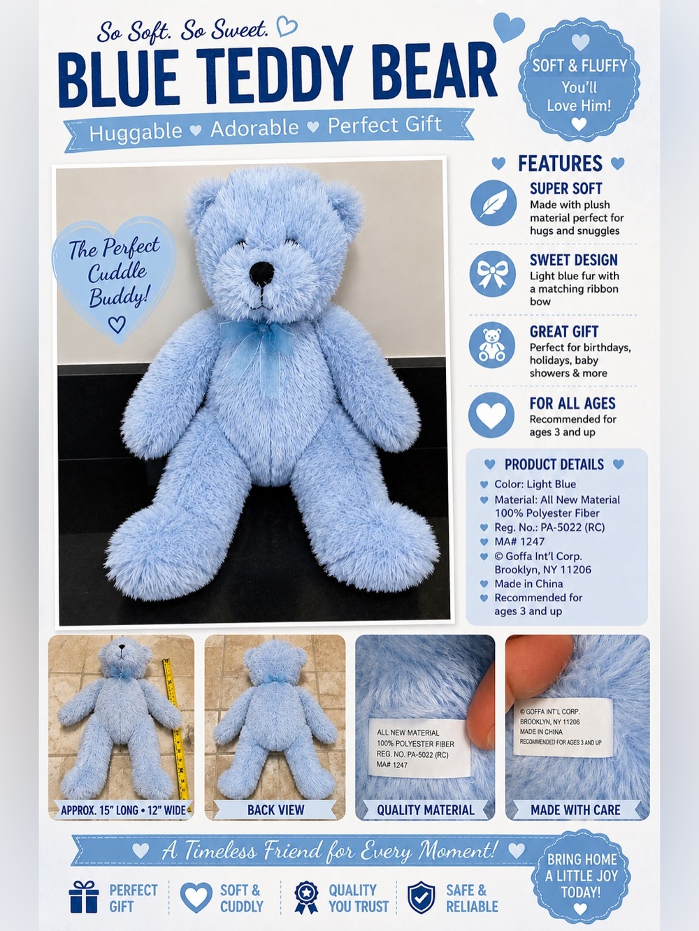 Goffa Light Blue Teddy Bear Plush 18” Soft Stuffed Animal Ribbon Bow